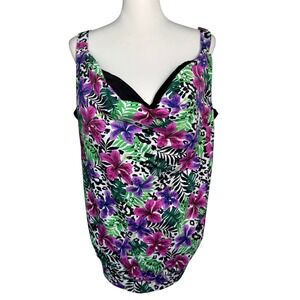 SWIMSUITS FOR ALL Women's 46DD Purple Pink Tropical Floral Print Tankini‎ Top